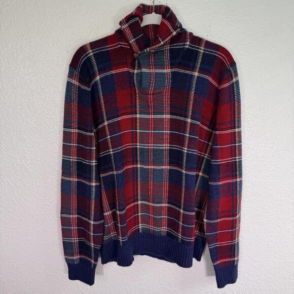 Polo Ralph Lauren Cashmere Sweater Mens Large Plaid Button Shawl Mock Neck Vtg - Picture 1 of 11